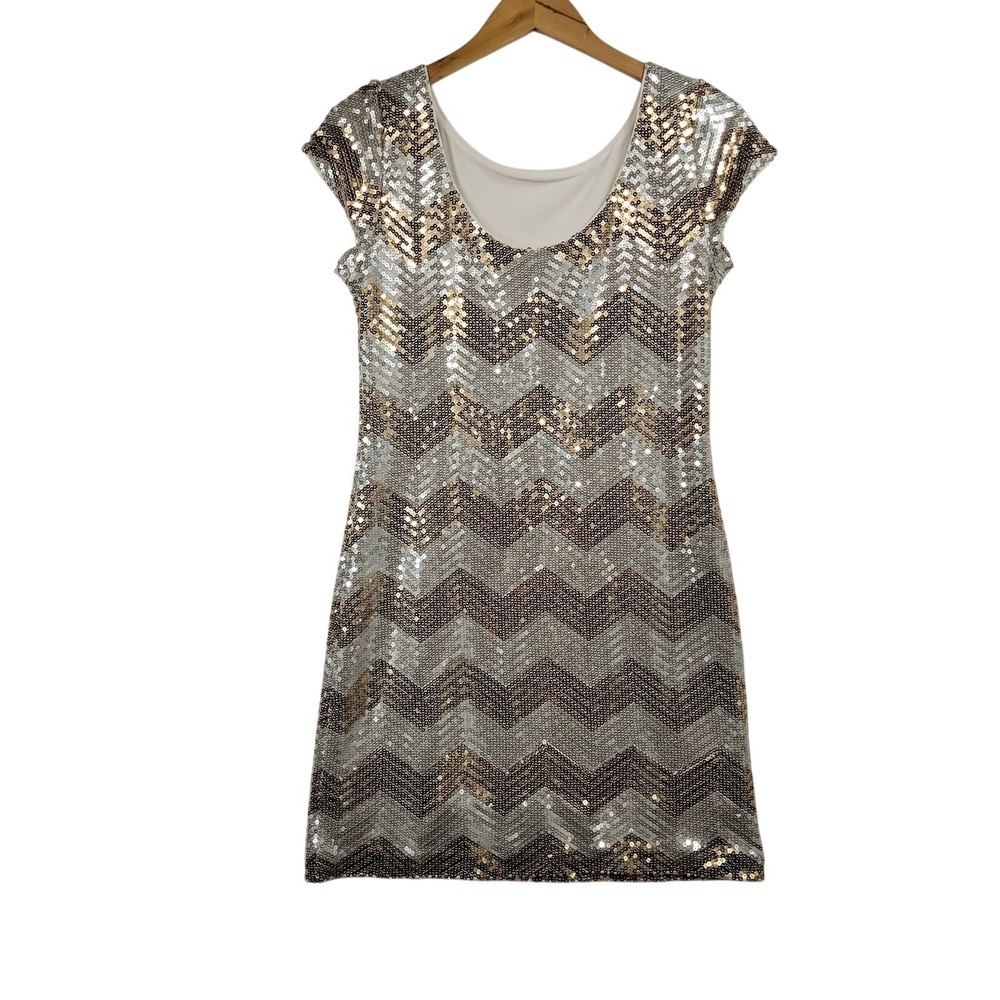 White House Black Market Dress Womens Small Metallic Sequin Chevron Sheath Mini - Picture 4 of 11